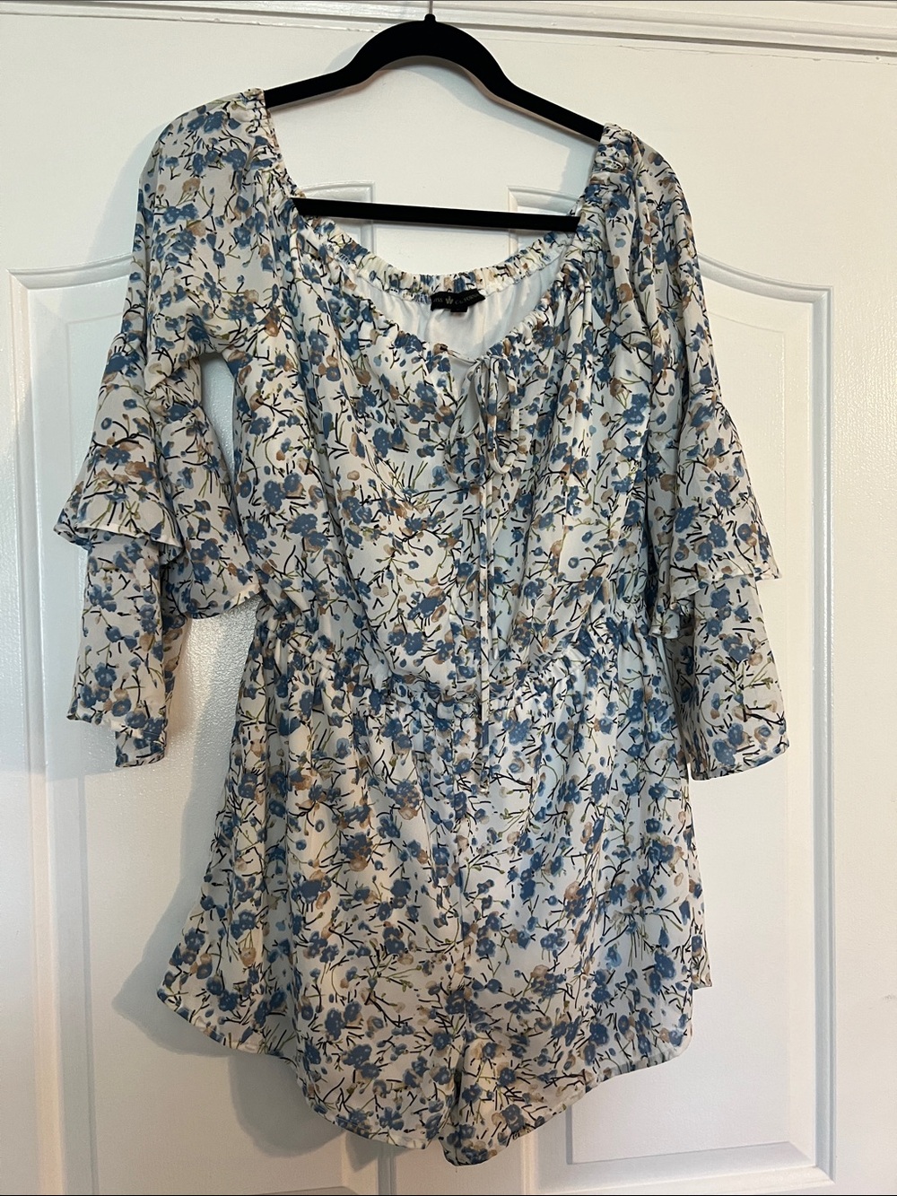 Women's Blue & Cream Floral Peasant Tunic - Lightweight jumper